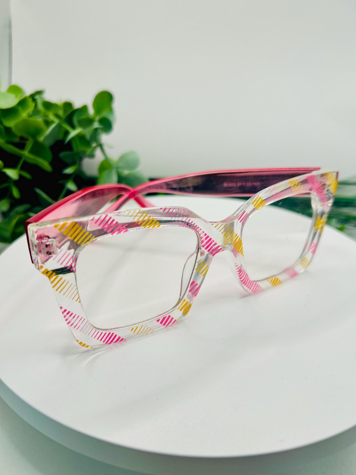 Pink Lemonade Glasses Oversized Square Pink Yellow Stripes Non-Prescription Bold Fashion Frames Blue Light Blocking Clear Lenses