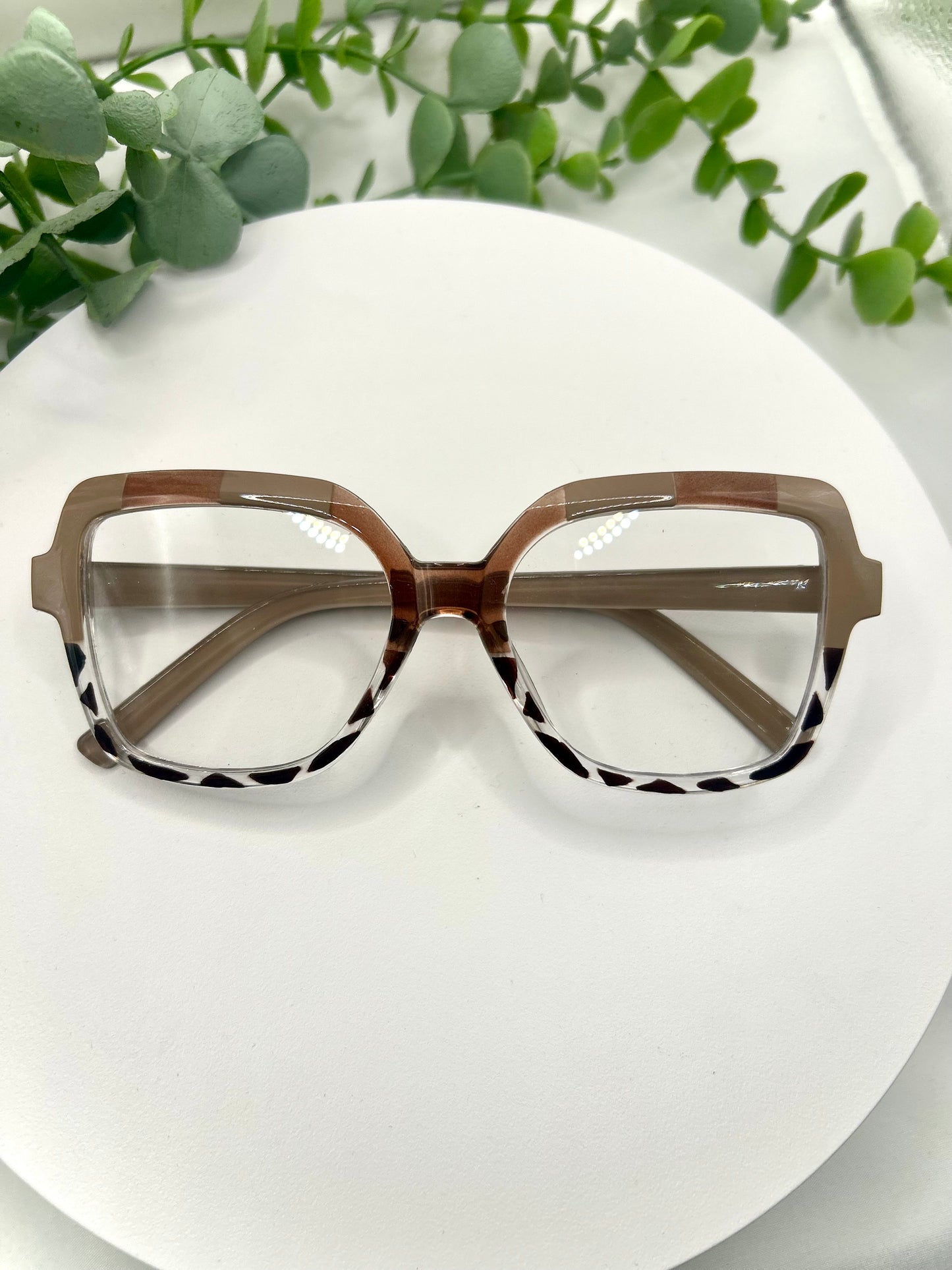 Foxy Brown-Oversized Square Leopard Accent Glasses Blue Red Taupe/Brown Bold Statement Eyewear for Women