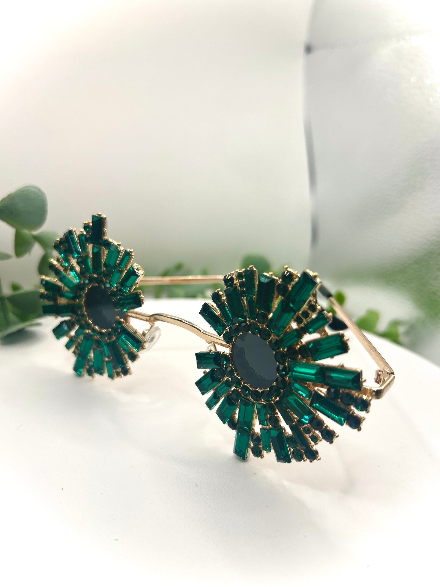 Holiday’s Glow - Sunglasses Oversized Round Jazz Festival Inspired Frames Statement Green Luxury Crystal Rhinestone Women Glasses