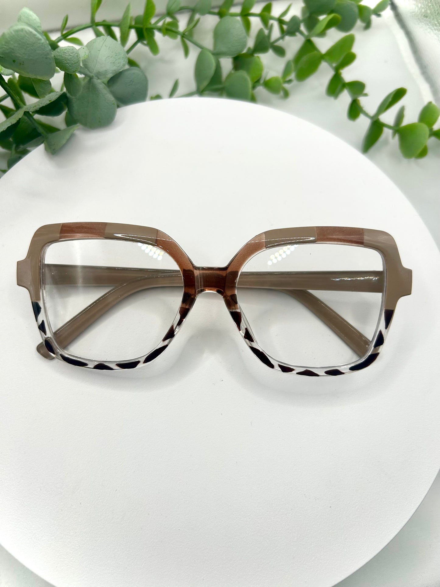Foxy Brown-Oversized Square Leopard Accent Glasses Blue Red Taupe/Brown Bold Statement Eyewear for Women