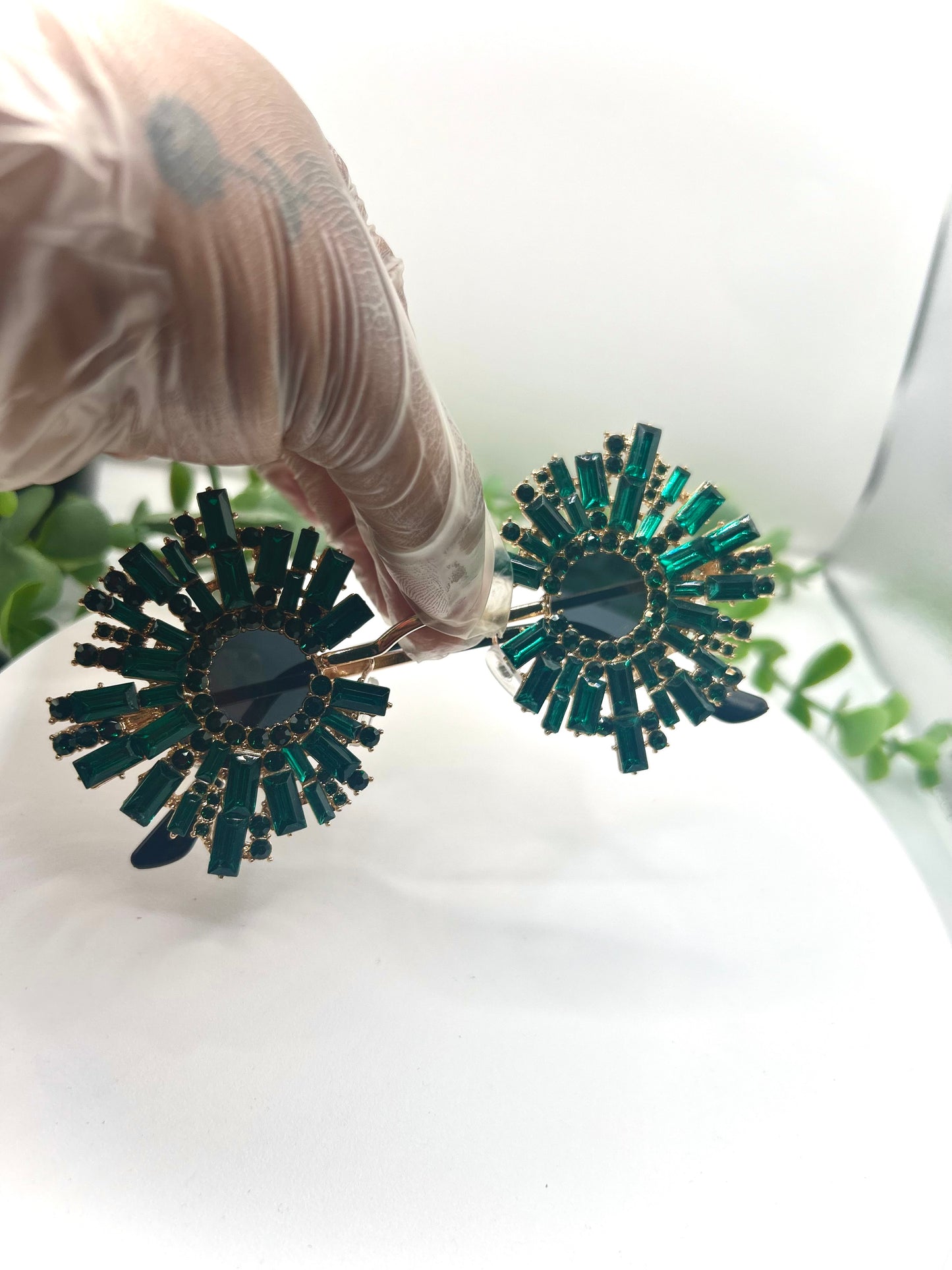 Holiday’s Glow - Sunglasses Oversized Round Jazz Festival Inspired Frames Statement Green Luxury Crystal Rhinestone Women Glasses