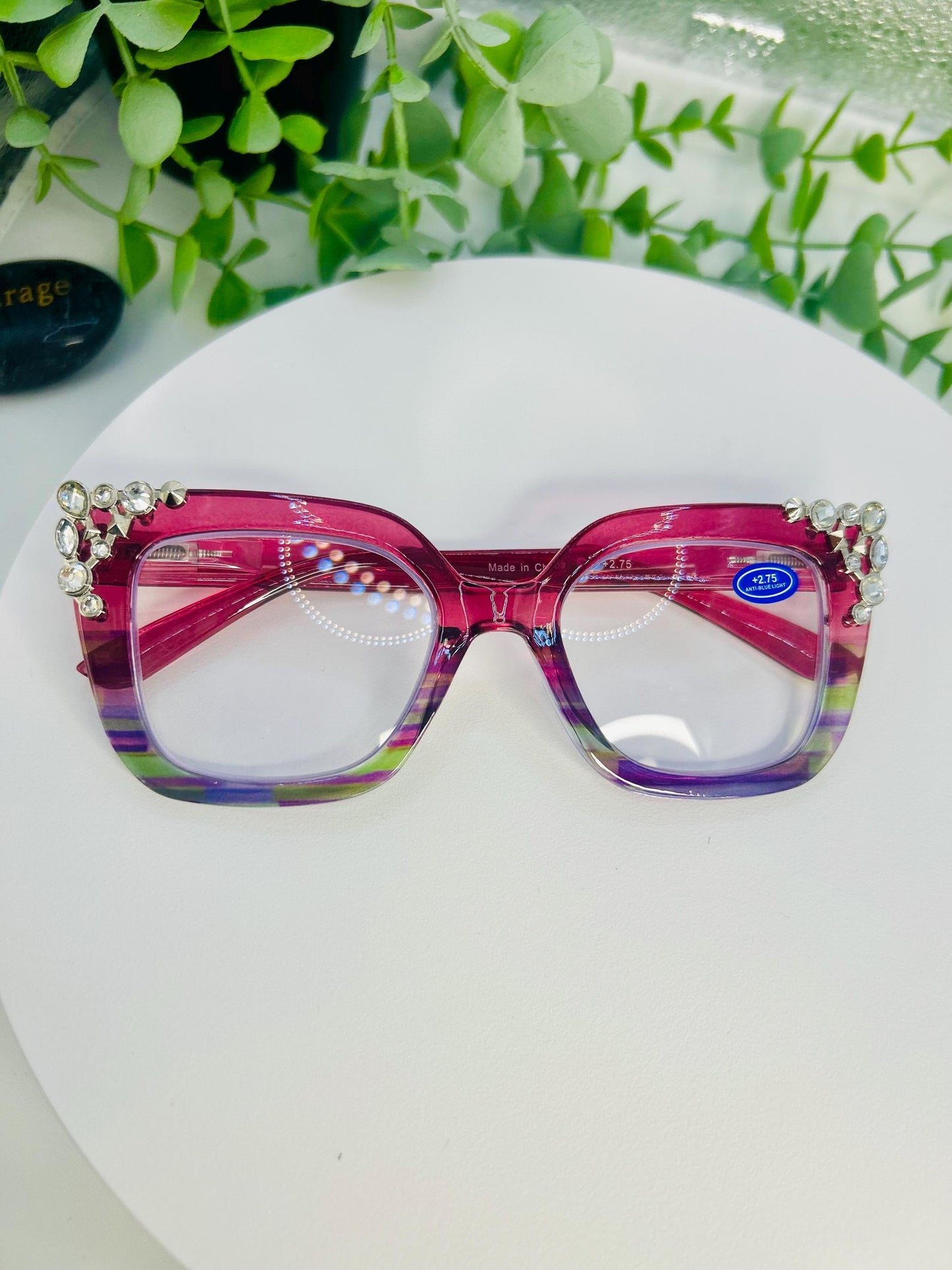 (Readers) Crystal Hustle| +2.75 Anti Blue Light Reading Glasses | Bedazzled 275 Oversized Square Frames Rhinestones Brown, Blue, Pink Glitter