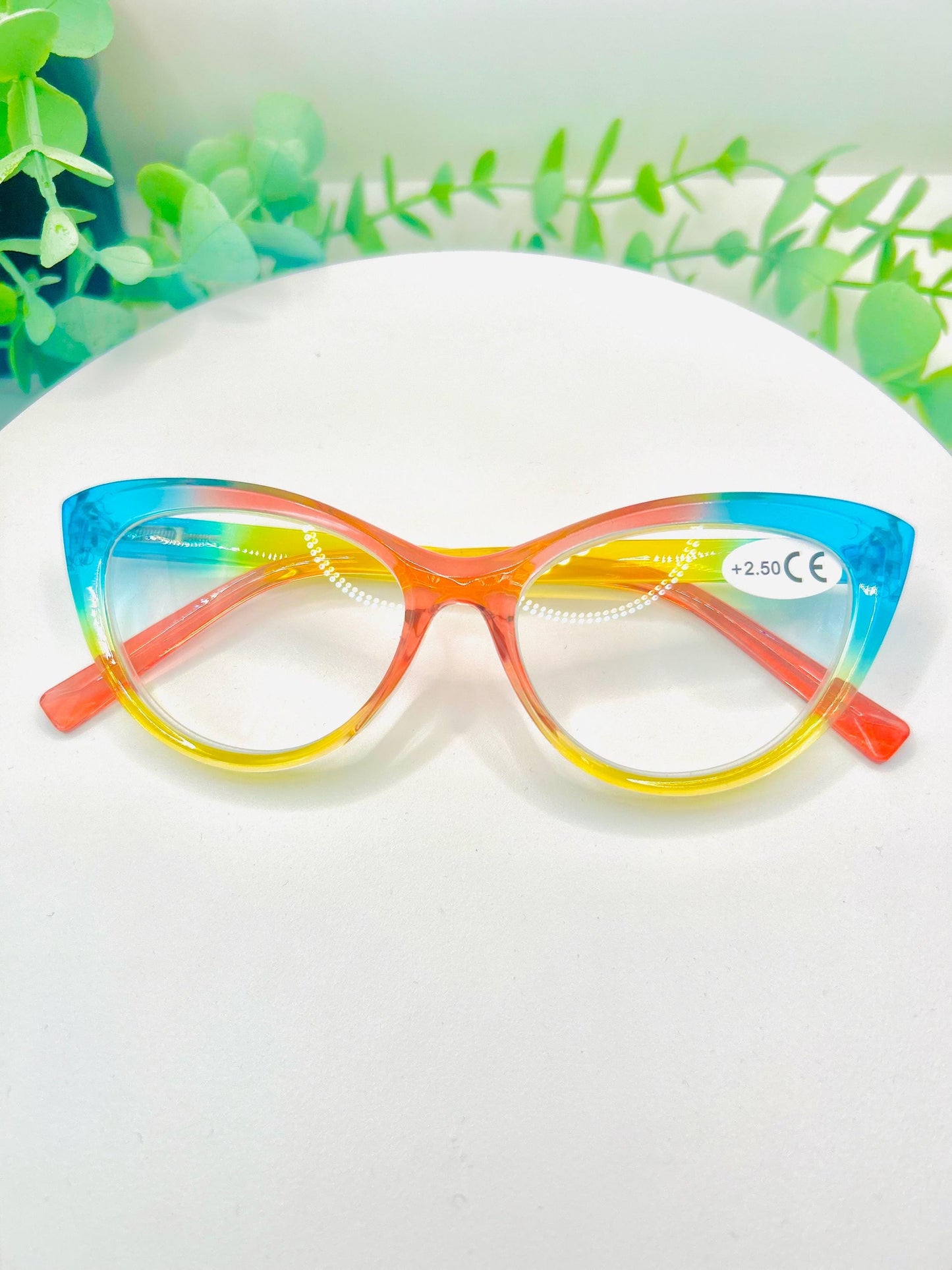 (Readers)Candy Coated Colorful Rainbow Cat Eye Reading Glasses|Blue Light Blocking +2.50|Bold Eyewear for Women|Fun Oversized Retro 250
