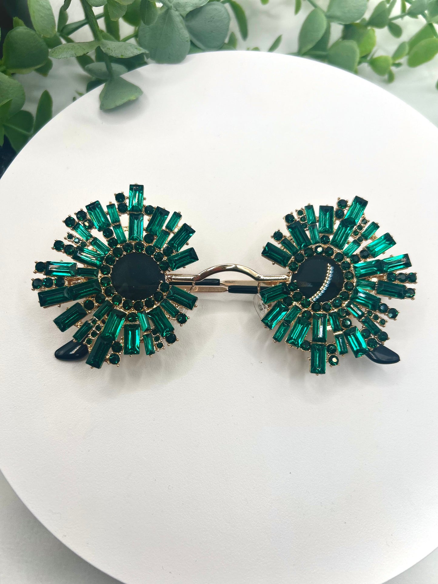 Holiday’s Glow - Sunglasses Oversized Round Jazz Festival Inspired Frames Statement Green Luxury Crystal Rhinestone Women Glasses