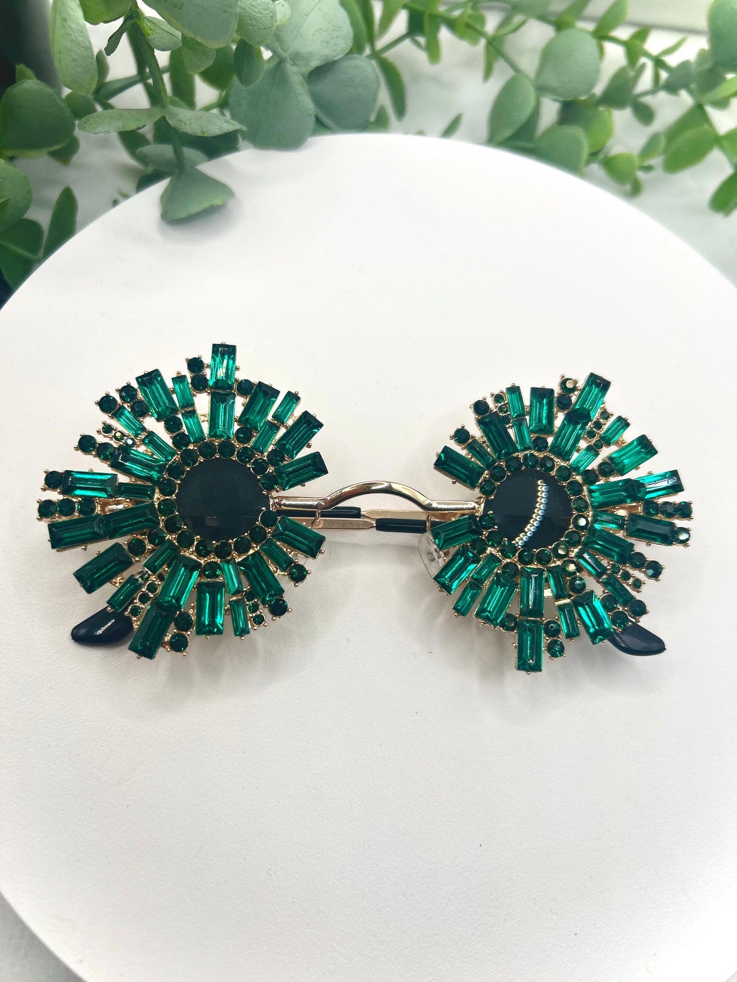 Holiday’s Glow - Sunglasses Oversized Round Jazz Festival Inspired Frames Statement Green Luxury Crystal Rhinestone Women Glasses
