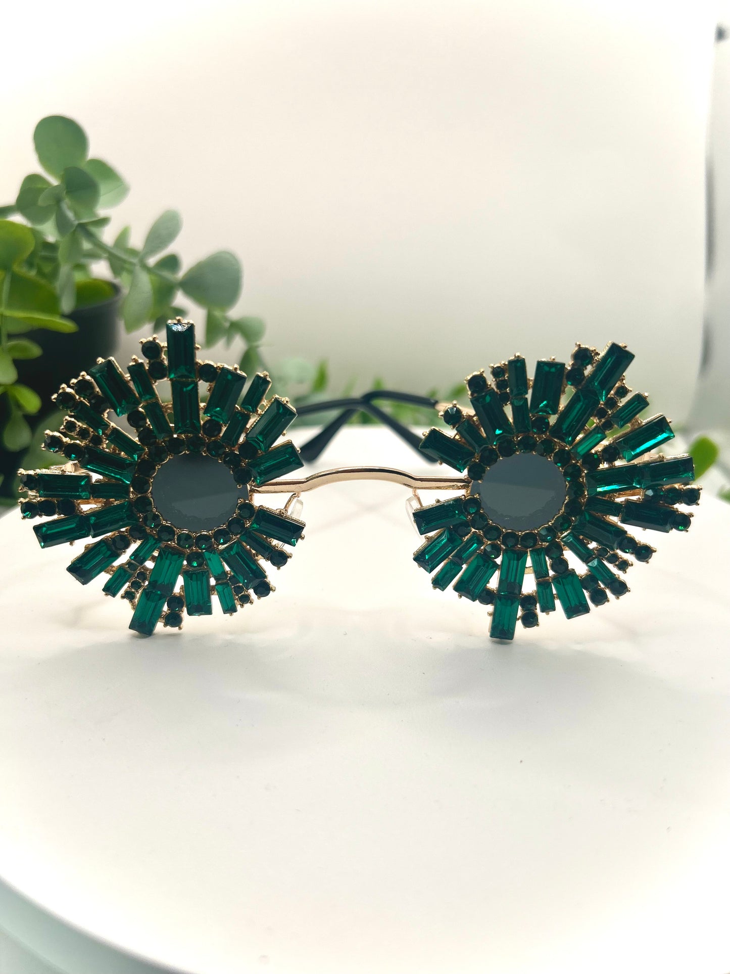 Holiday’s Glow - Sunglasses Oversized Round Jazz Festival Inspired Frames Statement Green Luxury Crystal Rhinestone Women Glasses