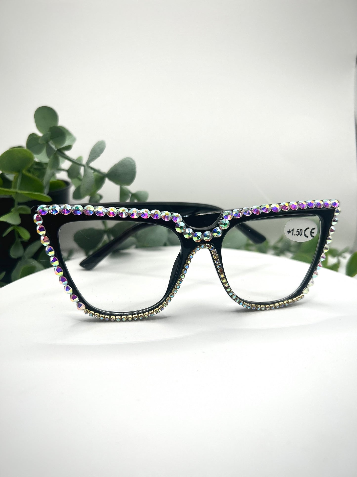 Queen Bee Glasses –Oversized Black Cat Eye Reading Rhinestone Frames 1.50 |150| Glitter Vintage 50s Pin-Up Sparkly Readers Statement Eyewear