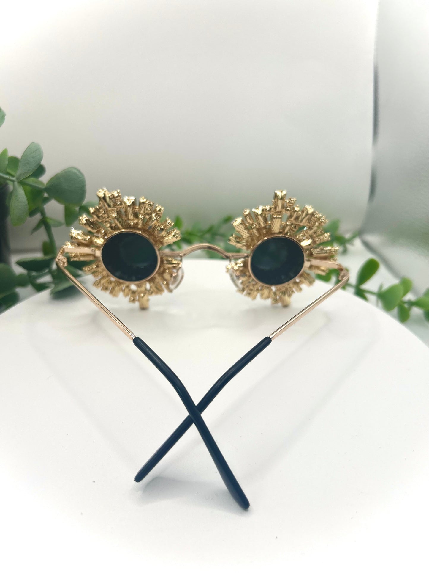 Holiday’s Glow - Sunglasses Oversized Round Jazz Festival Inspired Frames Statement Green Luxury Crystal Rhinestone Women Glasses