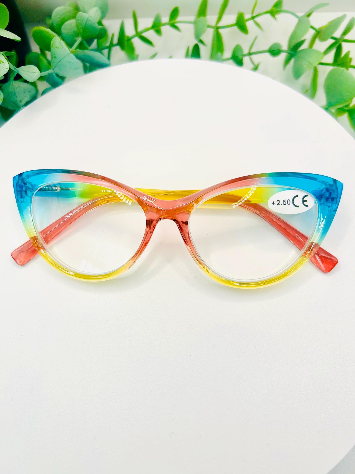 (Readers)Candy Coated Colorful Rainbow Cat Eye Reading Glasses|Blue Light Blocking +2.50|Bold Eyewear for Women|Fun Oversized Retro 250