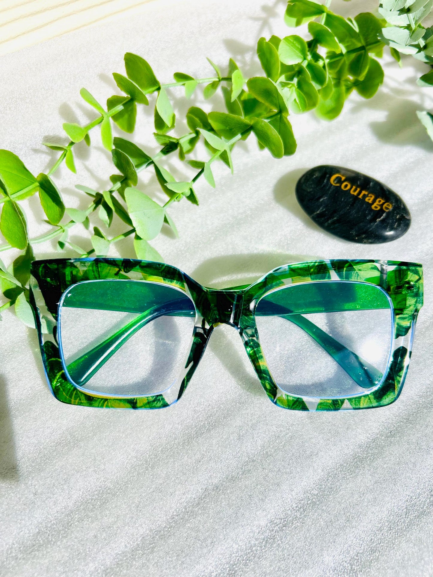 Poison Ivy Frames-Oversized Tropical Island Vacation Green Palm Leaves Eyeglasses Square Trendy Y2K Summer Beach Lenses BlueLight Blocking