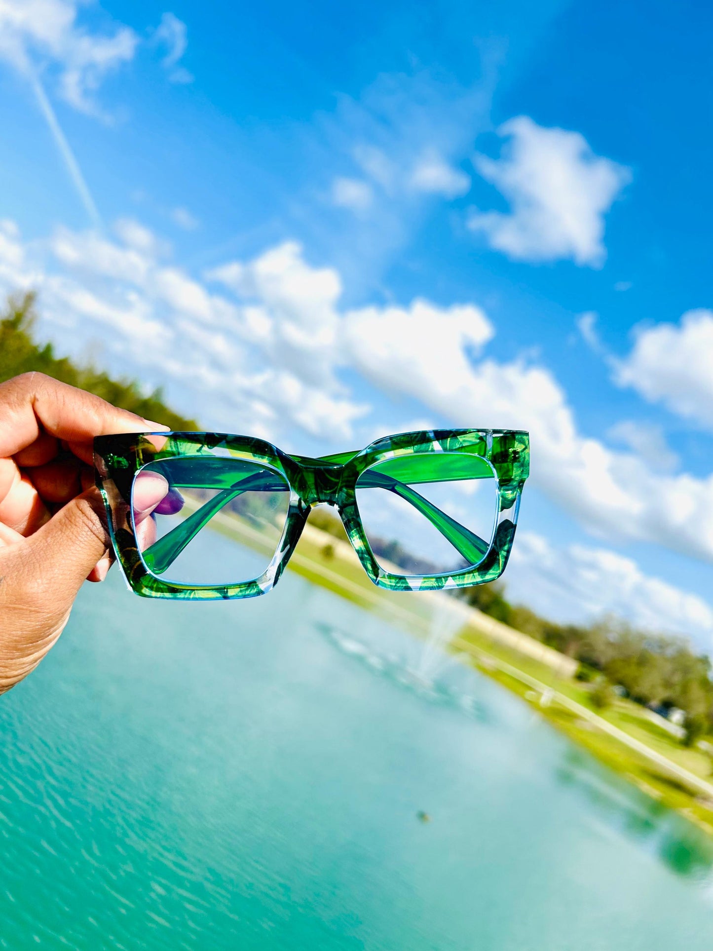 Poison Ivy Frames-Oversized Tropical Island Vacation Green Palm Leaves Eyeglasses Square Trendy Y2K Summer Beach Lenses BlueLight Blocking