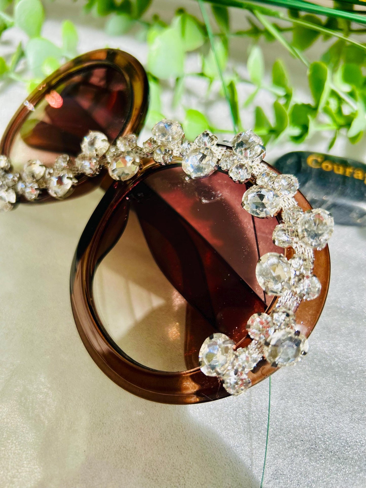 Blinged Out Shades Oversized Round Bold Brown Sunglasses Crystal Sparkle Rhinestone Luxury Frames|Trendy Summer Beach Eyewear UV Protection