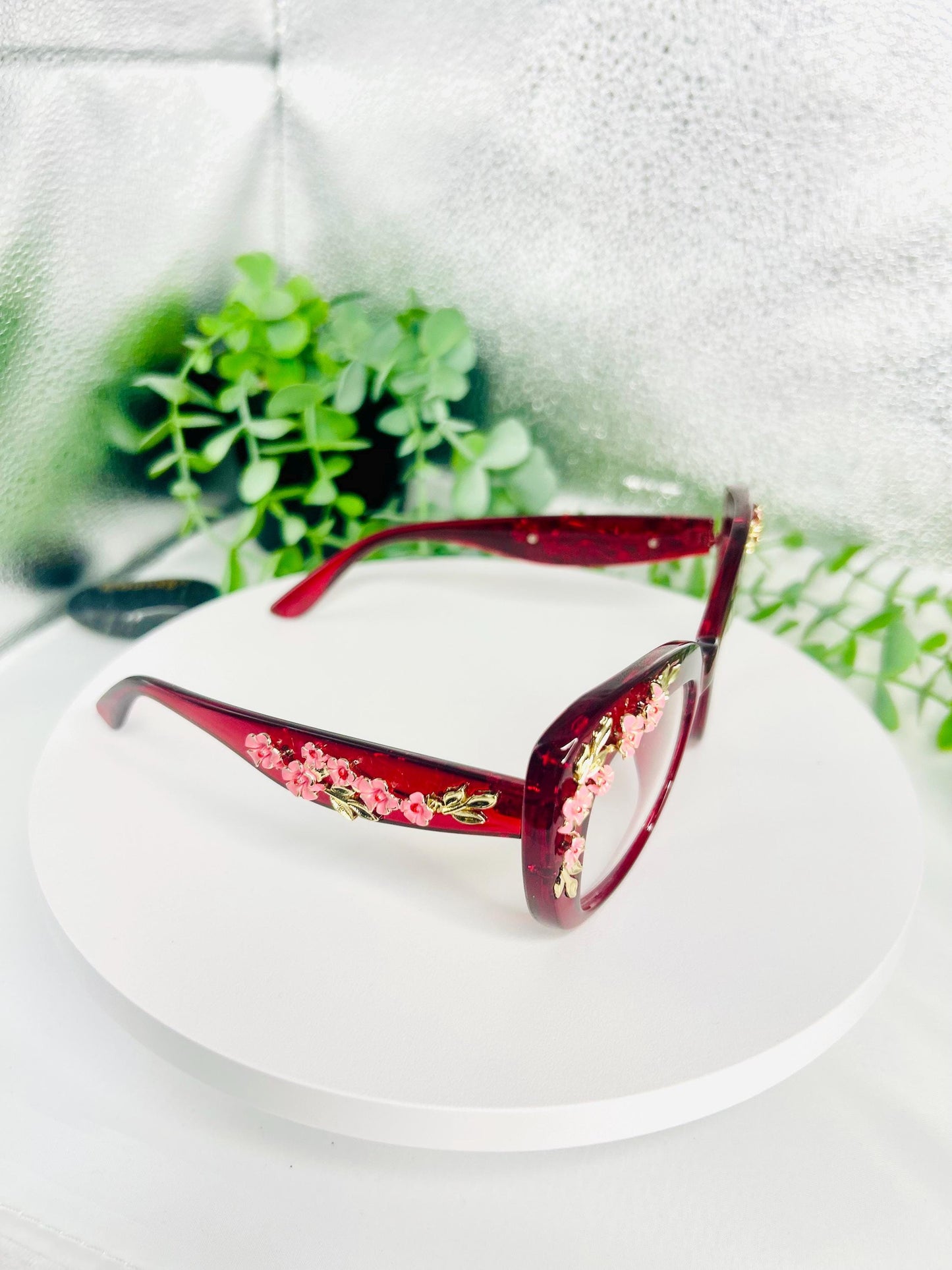 Cherry on Top | Oversized Cat Eye Blue Light Red Glasses with Gold Floral Detail β Bold Non-Prescription Statement Eyewear Unique Bad Girls