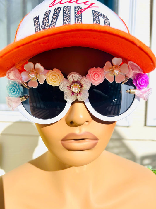 Spring Shades Oversized Round Bold Black Sunglasses Spring Flowers Luxury Frames|Trendy Summer Beach Eyewear UV Protection