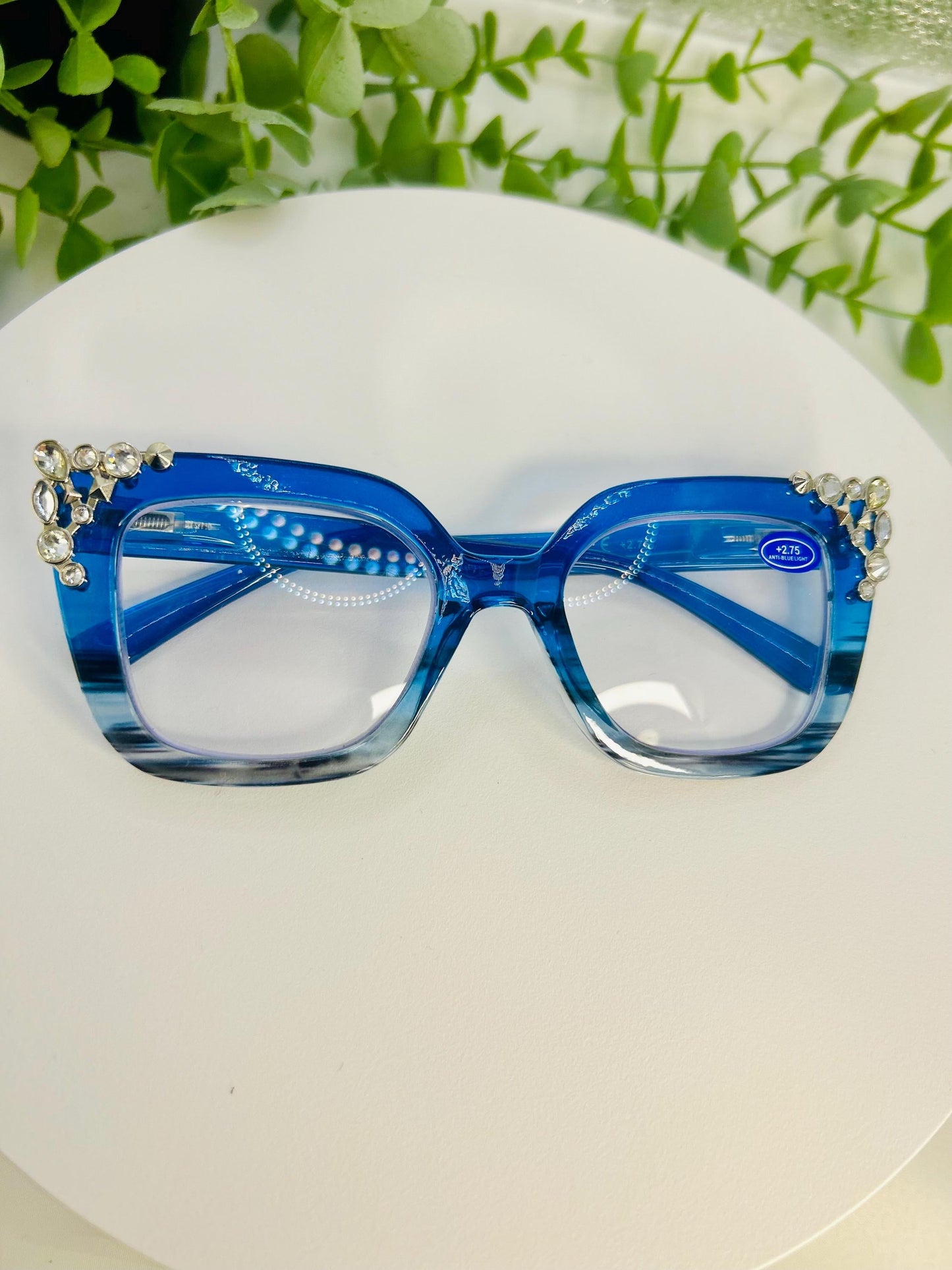 (Readers) Crystal Hustle| +2.75 Anti Blue Light Reading Glasses | Bedazzled 275 Oversized Square Frames Rhinestones Brown, Blue, Pink Glitter