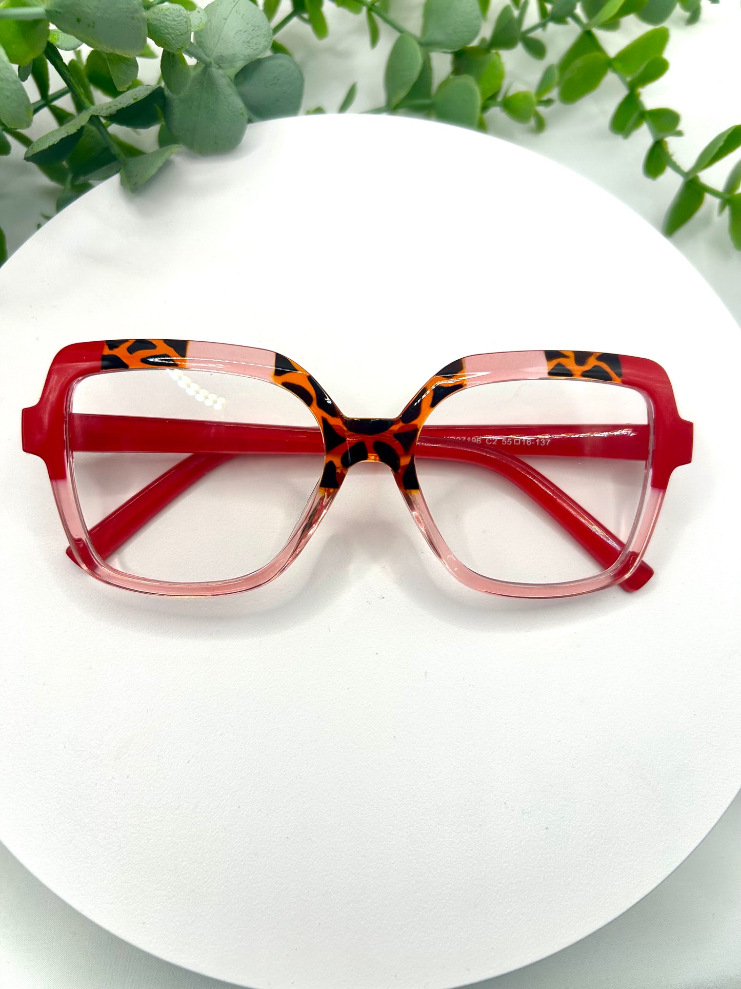 Foxy Brown-Oversized Square Leopard Accent Glasses Blue Red Taupe/Brown Bold Statement Eyewear for Women