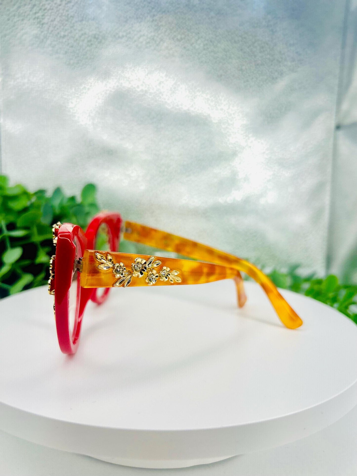 Cherry on Top | Oversized Cat Eye Blue Light Red Glasses with Gold Floral Detail – Bold Non-Prescription Statement Eyewear Unique Bad Girls