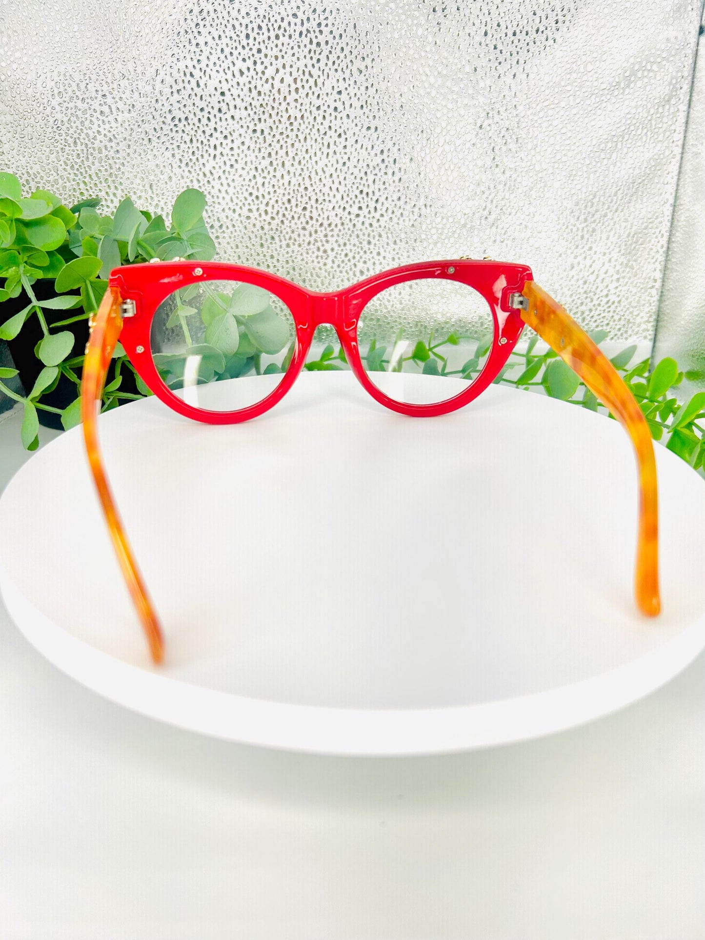 Cherry on Top | Oversized Cat Eye Blue Light Red Glasses with Gold Floral Detail – Bold Non-Prescription Statement Eyewear Unique Bad Girls