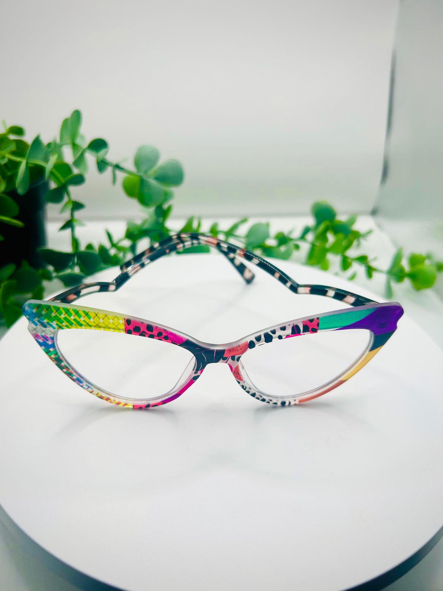 Print Me Baby Colorful Oversized Cat Eye Glasses Wild Playful Women Bold Printed Statement Eyewear Funky Non-Prescription Blue Light Glasses