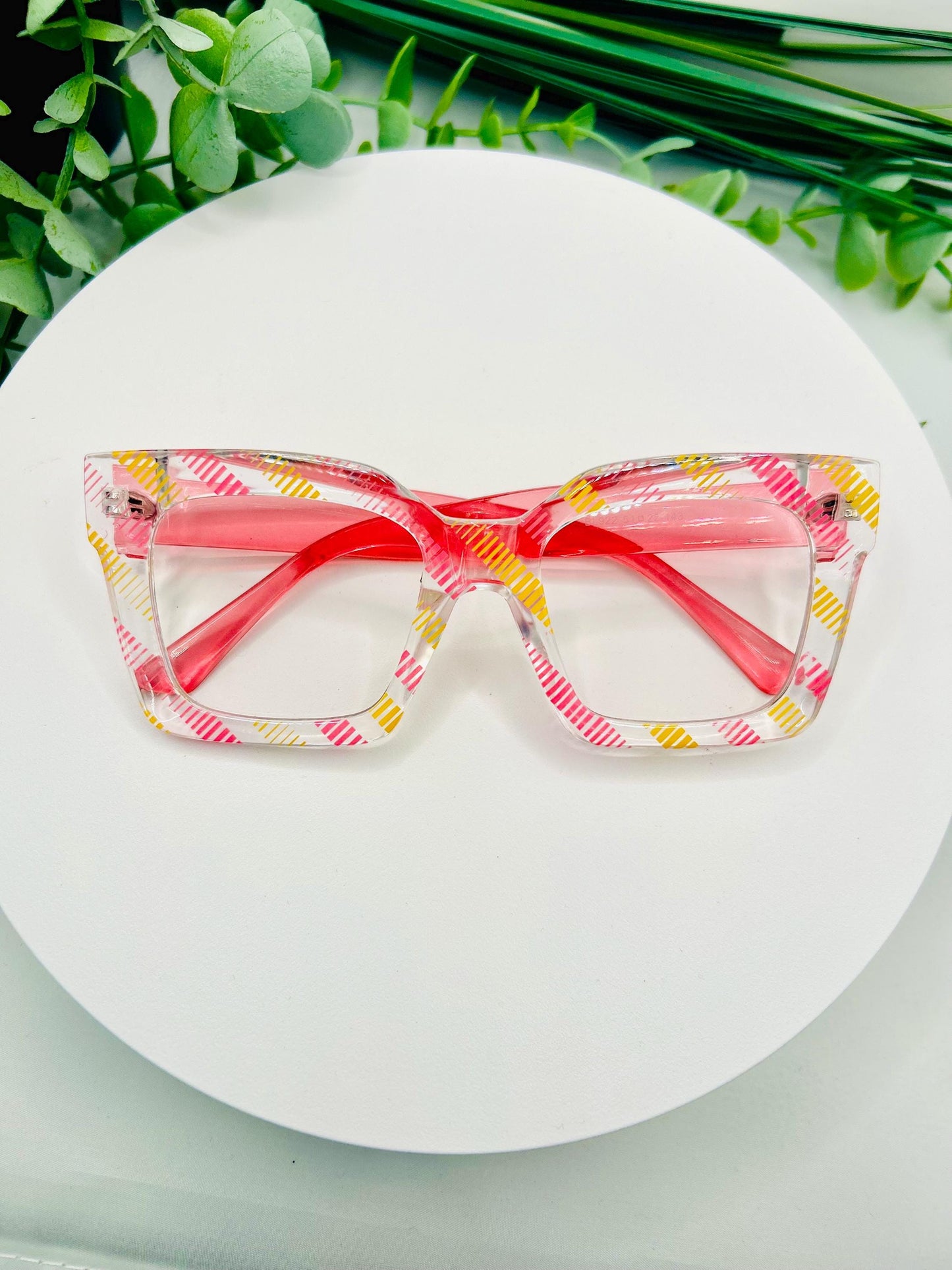 Pink Lemonade Glasses Oversized Square Pink Yellow Stripes Non-Prescription Bold Fashion Frames Blue Light Blocking Clear Lenses