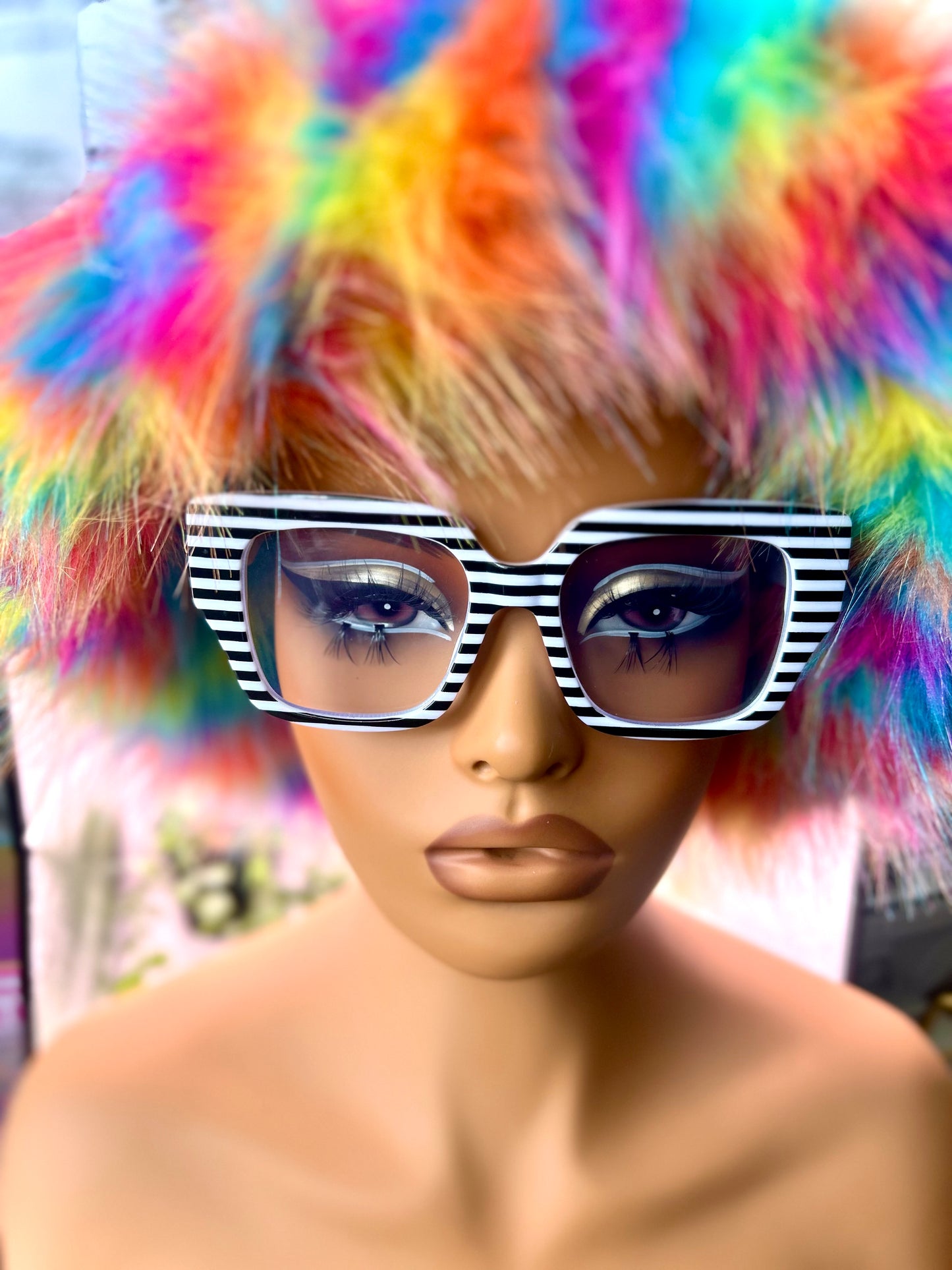 The Jones Effect – Oversized Square Black White Striped Statement Glasses Grace Jones Inspired Bold Fashion Eyewear Women Retro Frames