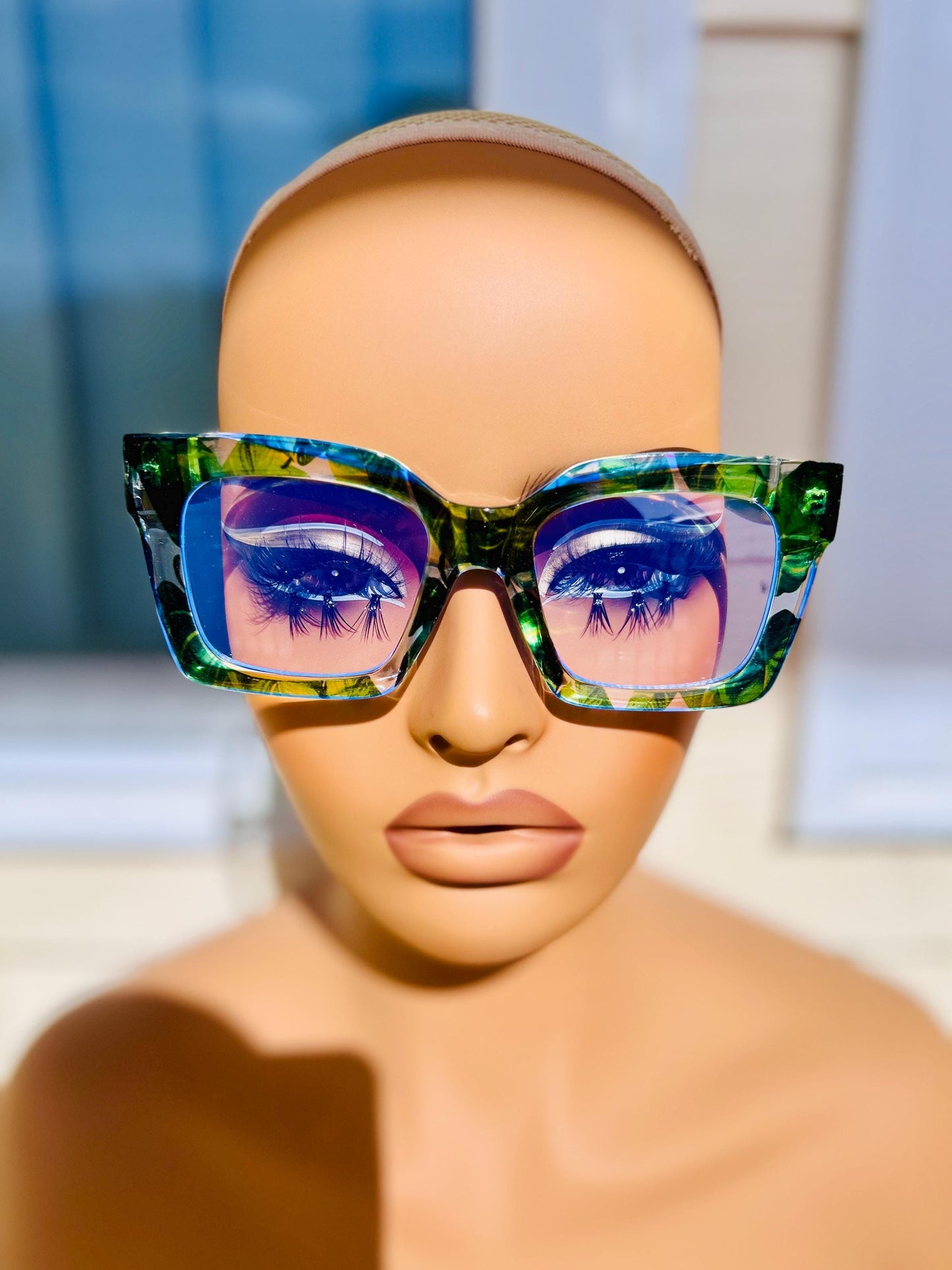 Poison Ivy Frames-Oversized Tropical Island Vacation Green Palm Leaves Eyeglasses Square Trendy Y2K Summer Beach Lenses BlueLight Blocking