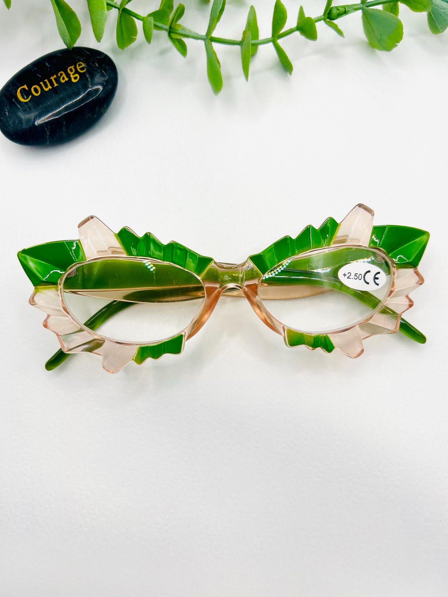 (Readers)Fantasy Fairy Frames Pink & Green Cat Eye Reading Glasses 250 200 Vintage Spiked Lash Readers Oversized Vintage Style Eyewear Bold Statement