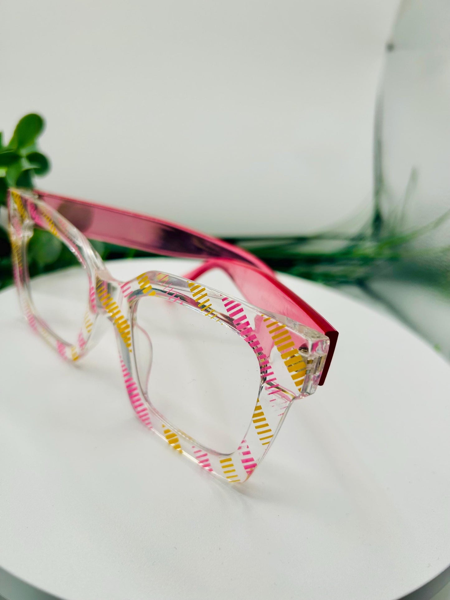 Pink Lemonade Glasses Oversized Square Pink Yellow Stripes Non-Prescription Bold Fashion Frames Blue Light Blocking Clear Lenses