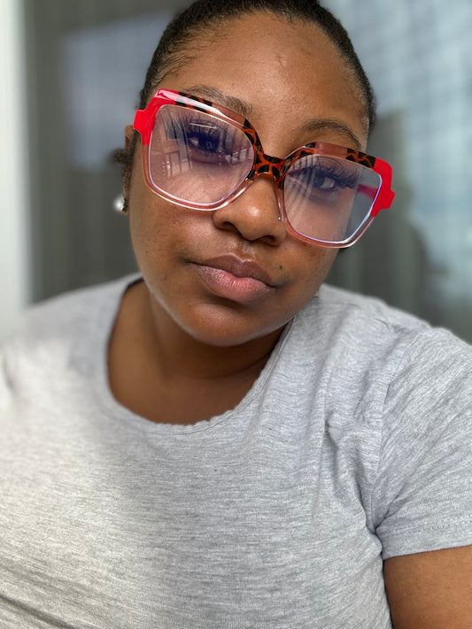 Foxy Brown-Oversized Square Leopard Accent Glasses Blue Red Taupe/Brown Bold Statement Eyewear for Women