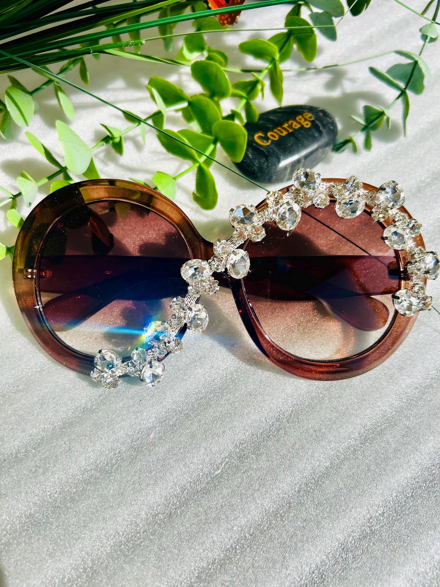 Blinged Out Shades Oversized Round Bold Brown Sunglasses Crystal Sparkle Rhinestone Luxury Frames|Trendy Summer Beach Eyewear UV Protection