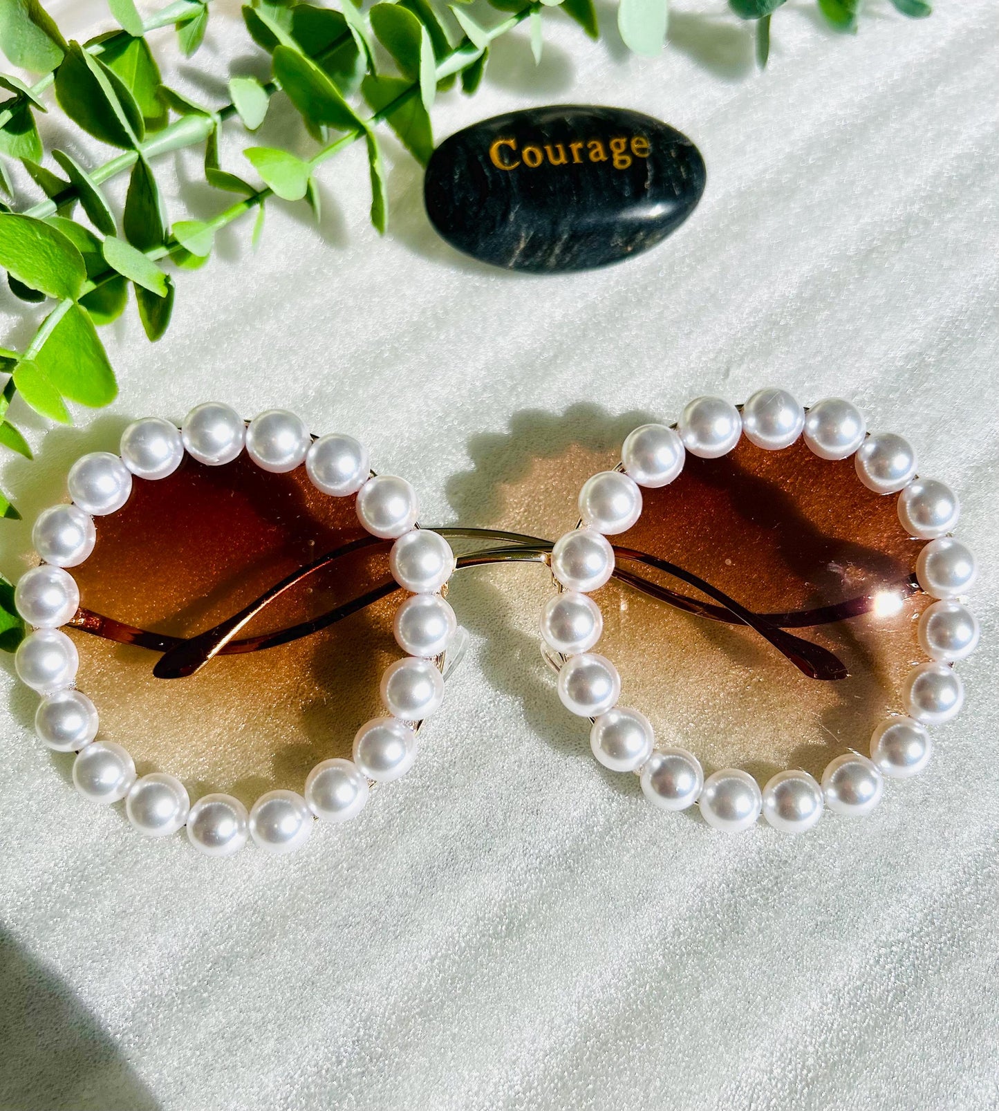 Pearl Please Round Sunglasses-Oversized Vintage Glam Statement Frames Luxury Circle Brown Sparkle Trendy Summer Shades Festival Eyeglasses