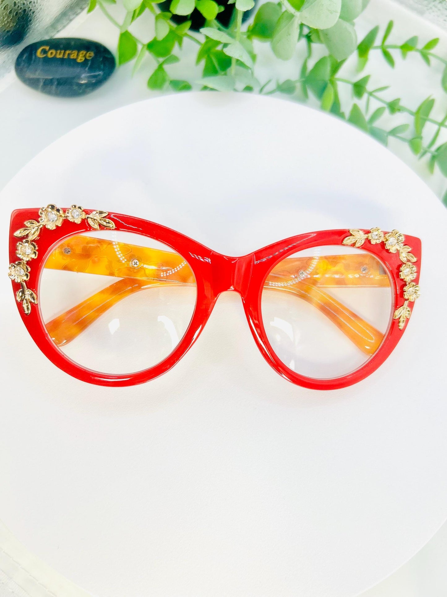 Cherry on Top | Oversized Cat Eye Blue Light Red Glasses with Gold Floral Detail – Bold Non-Prescription Statement Eyewear Unique Bad Girls