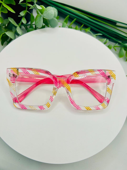 Pink Lemonade Glasses Oversized Square Pink Yellow Stripes Non-Prescription Bold Fashion Frames Blue Light Blocking Clear Lenses