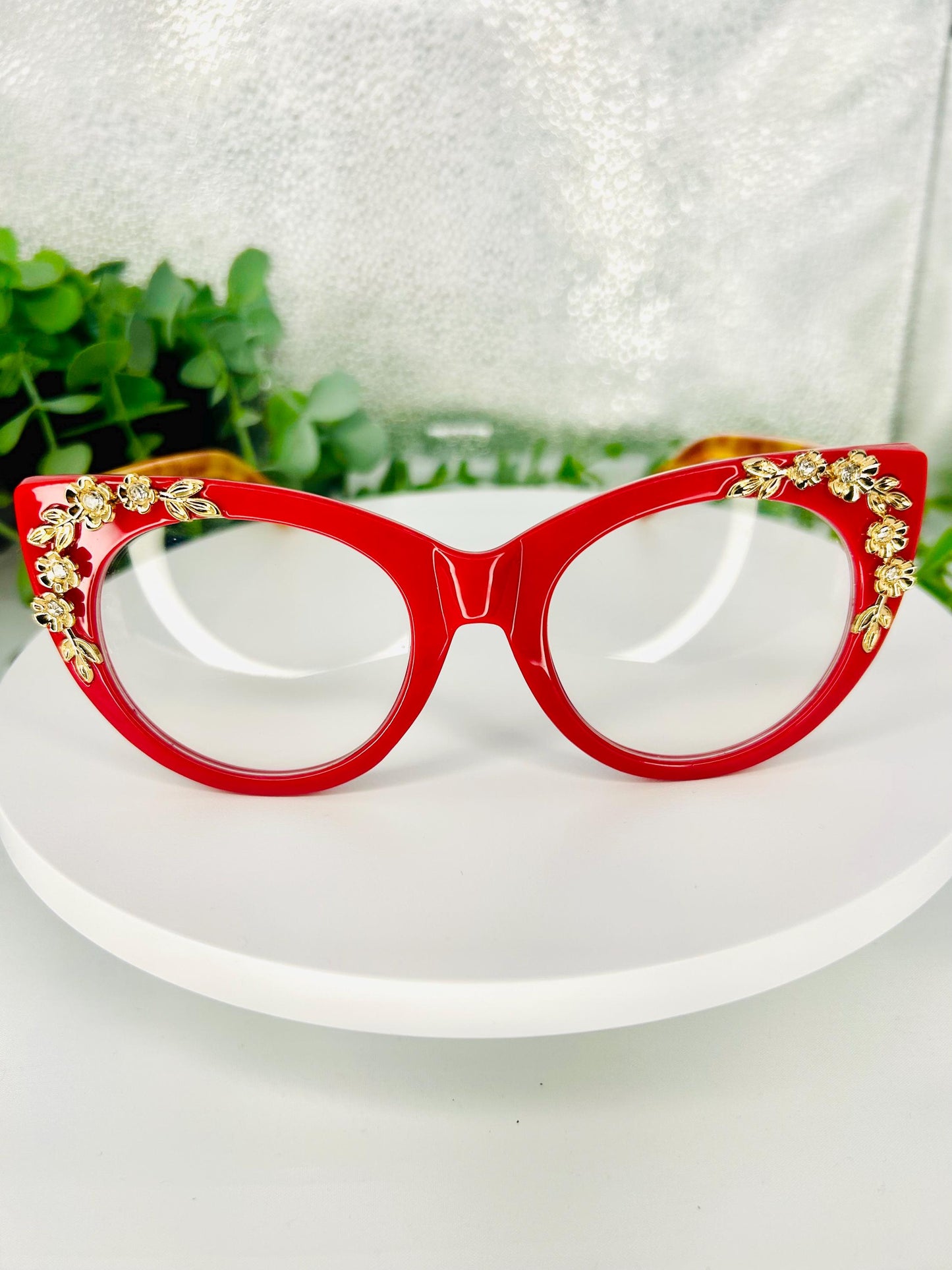 Cherry on Top | Oversized Cat Eye Blue Light Red Glasses with Gold Floral Detail – Bold Non-Prescription Statement Eyewear Unique Bad Girls