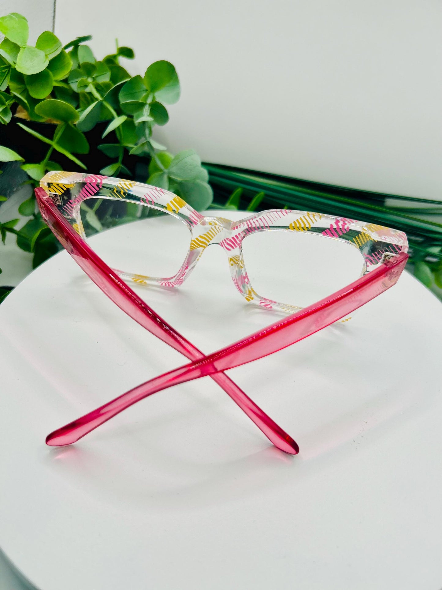 Pink Lemonade Glasses Oversized Square Pink Yellow Stripes Non-Prescription Bold Fashion Frames Blue Light Blocking Clear Lenses