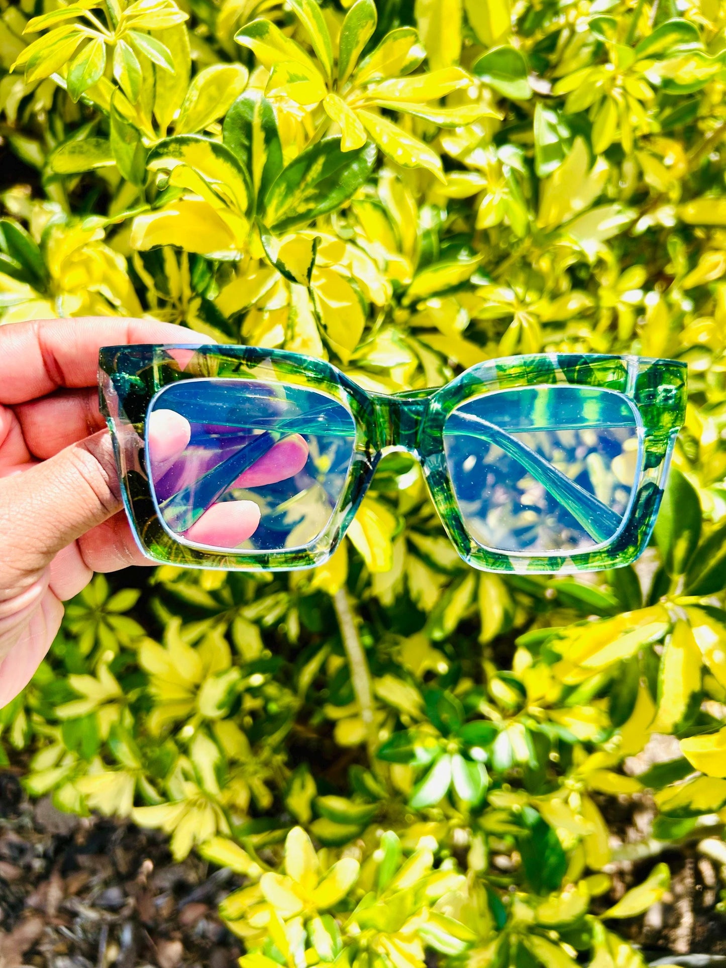 Poison Ivy Frames-Oversized Tropical Island Vacation Green Palm Leaves Eyeglasses Square Trendy Y2K Summer Beach Lenses BlueLight Blocking