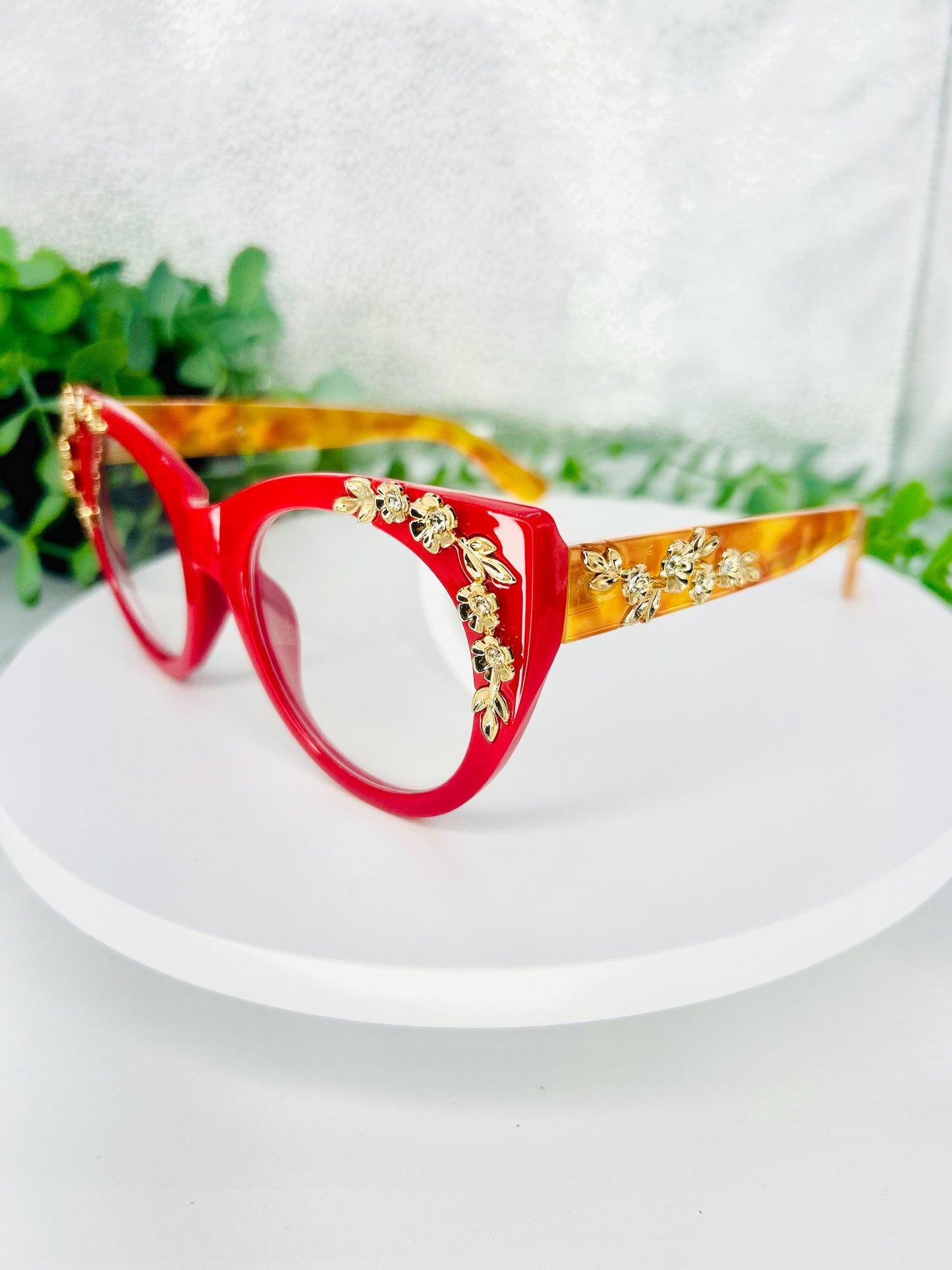 Cherry on Top | Oversized Cat Eye Blue Light Red Glasses with Gold Floral Detail – Bold Non-Prescription Statement Eyewear Unique Bad Girls