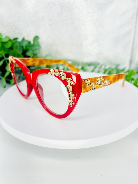 Cherry on Top | Oversized Cat Eye Blue Light Red Glasses with Gold Floral Detail – Bold Non-Prescription Statement Eyewear Unique Bad Girls