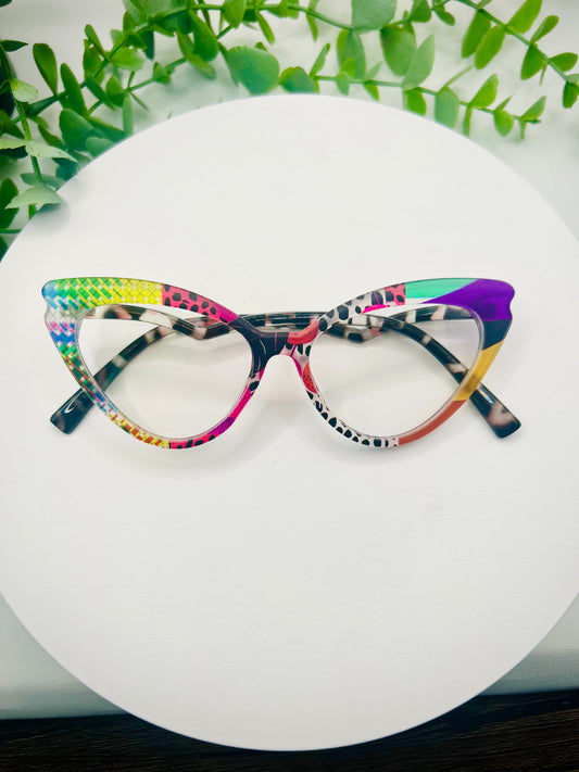 Print Me Baby Colorful Oversized Cat Eye Glasses Wild Playful Women Bold Printed Statement Eyewear Funky Non-Prescription Blue Light Glasses