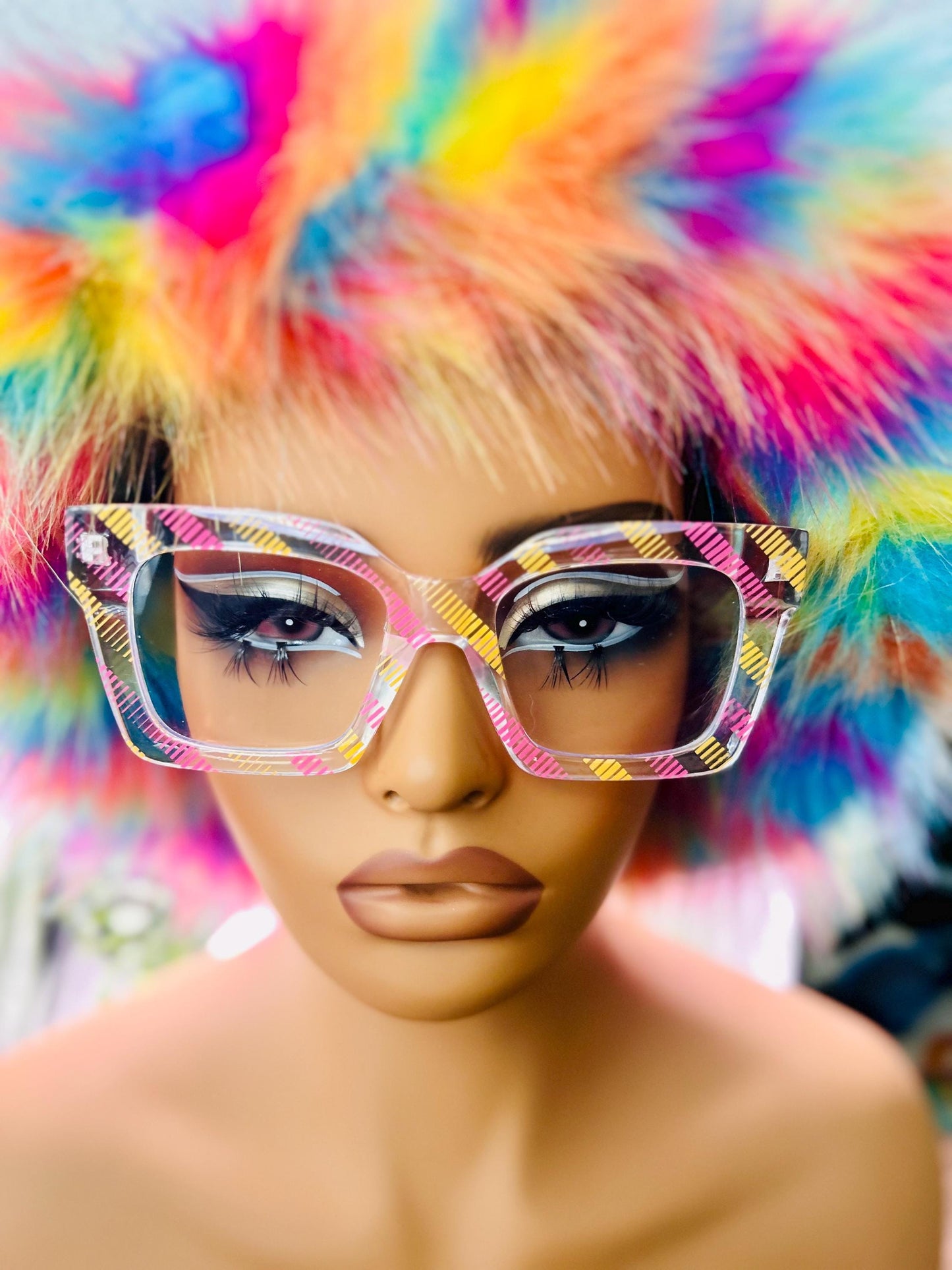 Pink Lemonade Glasses Oversized Square Pink Yellow Stripes Non-Prescription Bold Fashion Frames Blue Light Blocking Clear Lenses