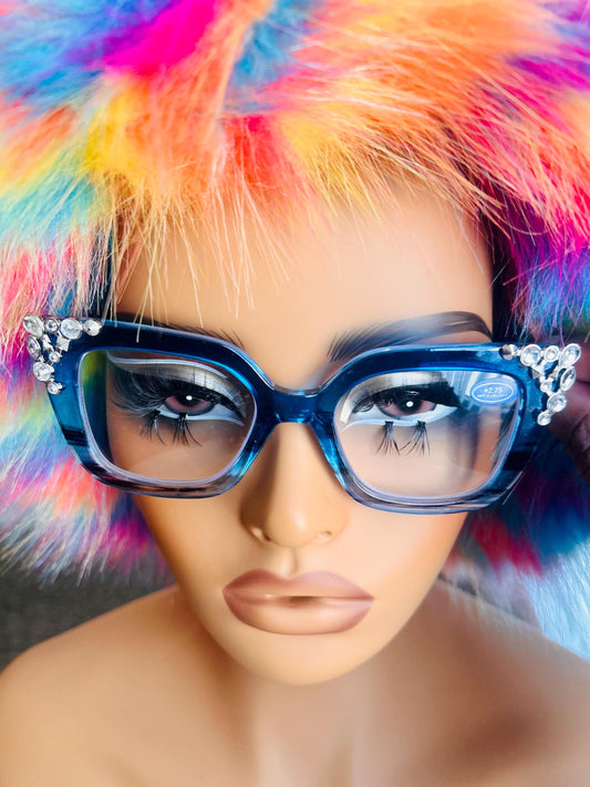 (Readers) Crystal Hustle| +2.75 Anti Blue Light Reading Glasses | Bedazzled 275 Oversized Square Frames Rhinestones Brown, Blue, Pink Glitter