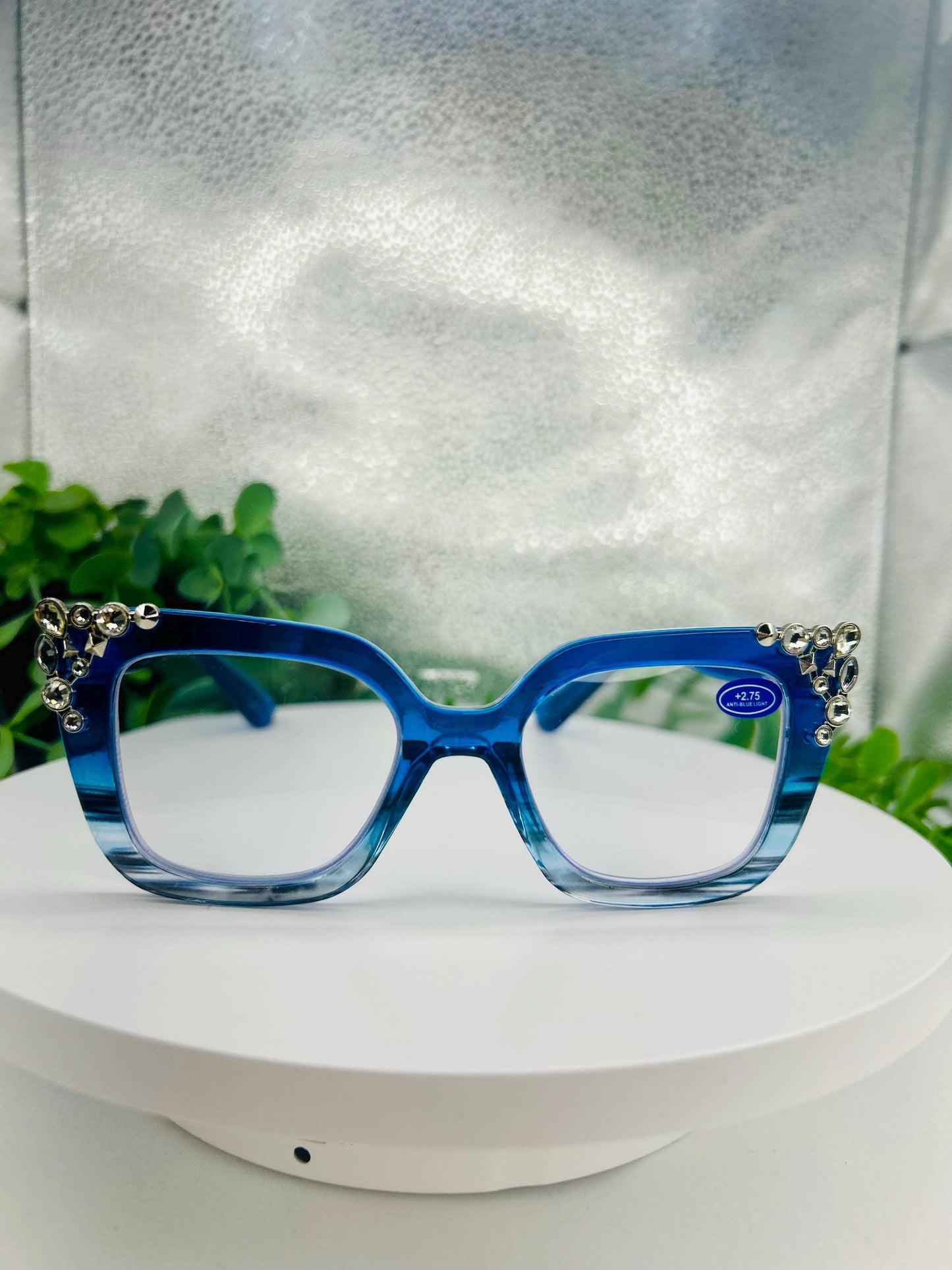 (Readers) Crystal Hustle| +2.75 Anti Blue Light Reading Glasses | Bedazzled 275 Oversized Square Frames Rhinestones Brown, Blue, Pink Glitter