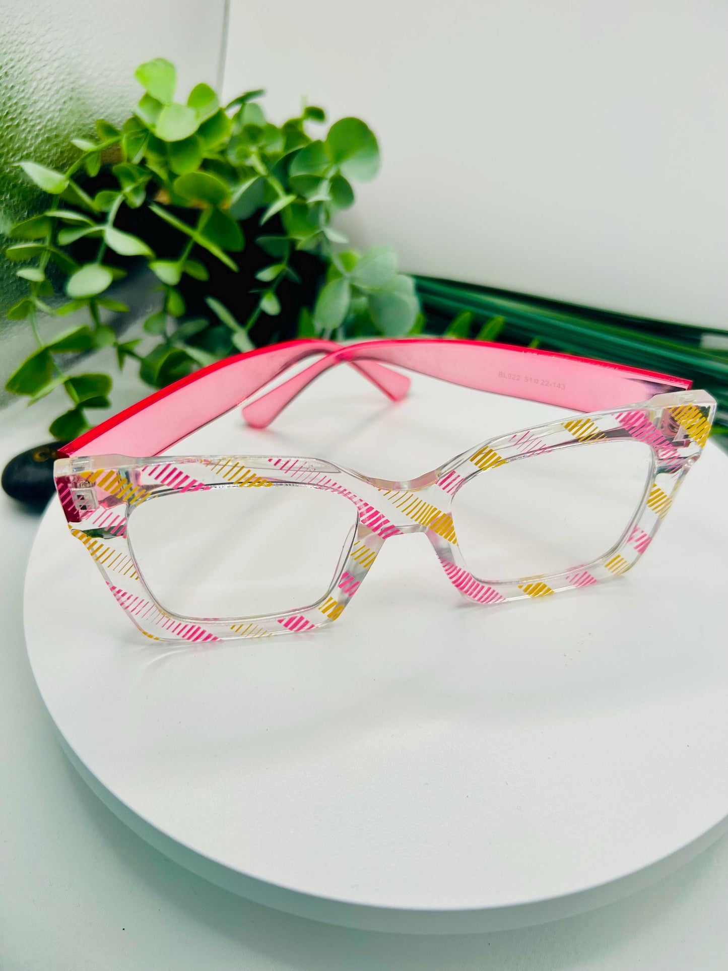 Pink Lemonade Glasses Oversized Square Pink Yellow Stripes Non-Prescription Bold Fashion Frames Blue Light Blocking Clear Lenses