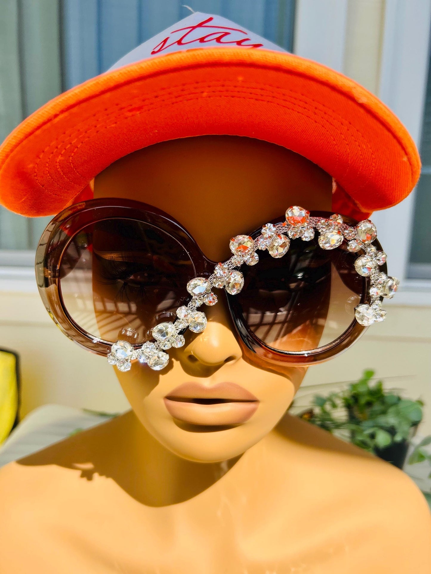 Blinged Out Shades Oversized Round Bold Brown Sunglasses Crystal Sparkle Rhinestone Luxury Frames|Trendy Summer Beach Eyewear UV Protection