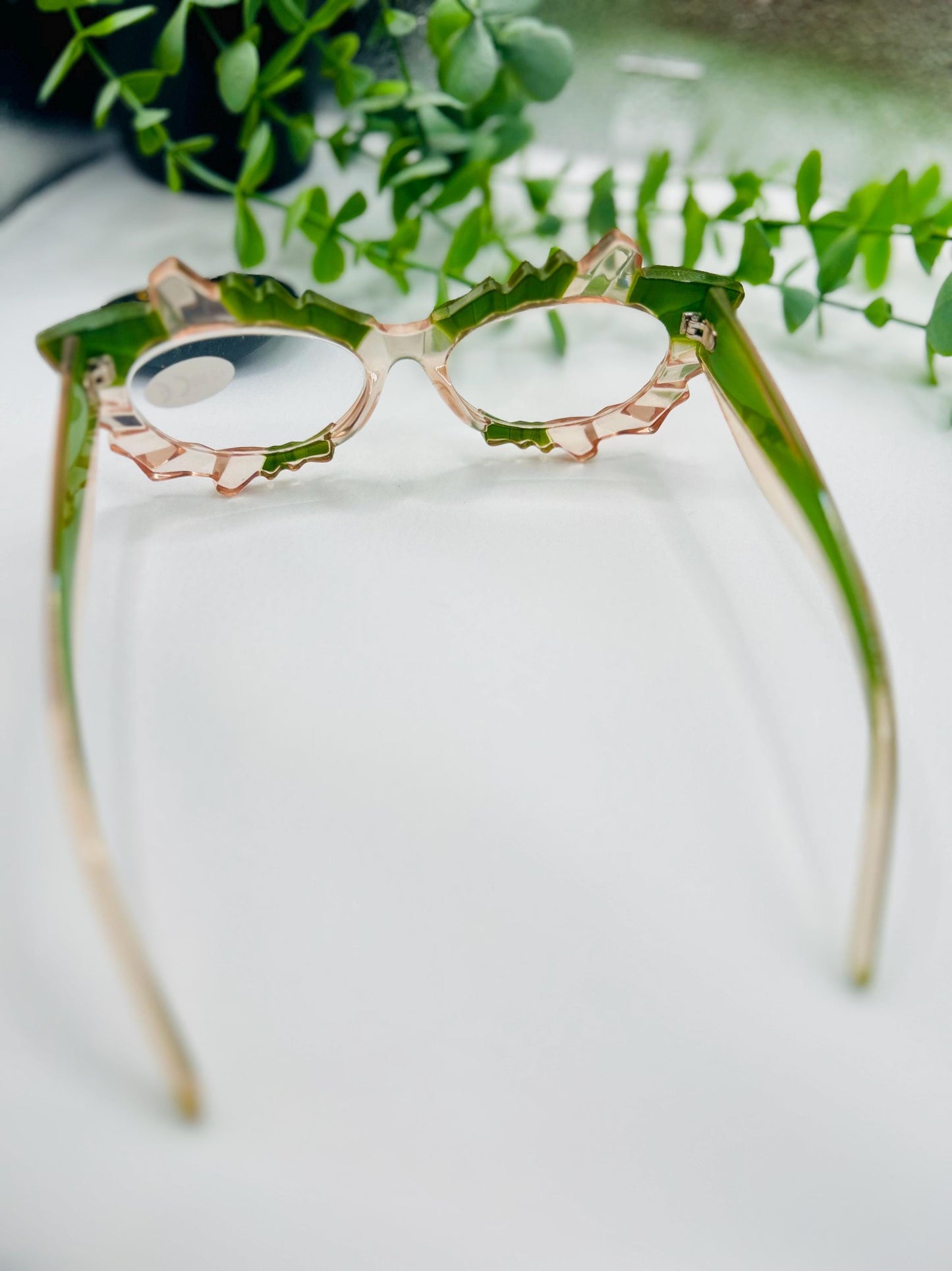 (Readers)Fantasy Fairy Frames Pink & Green Cat Eye Reading Glasses 250 200 Vintage Spiked Lash Readers Oversized Vintage Style Eyewear Bold Statement