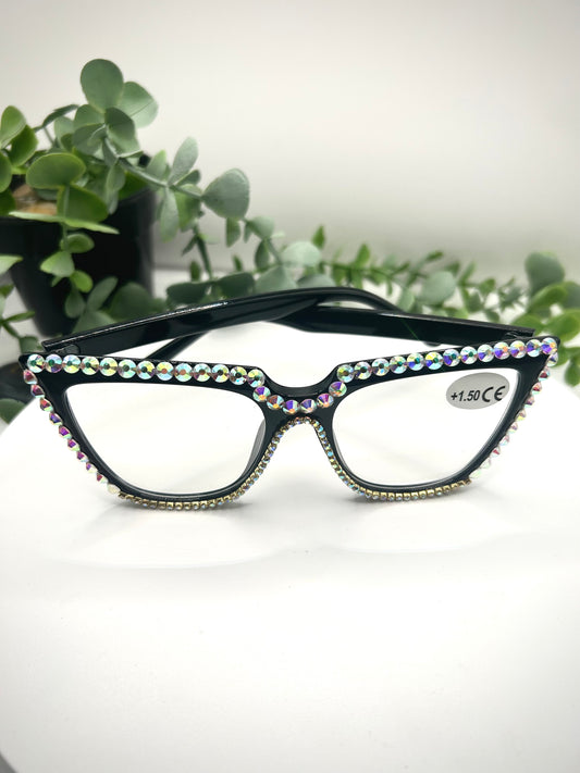 Queen Bee Glasses –Oversized Black Cat Eye Reading Rhinestone Frames 1.50 |150| Glitter Vintage 50s Pin-Up Sparkly Readers Statement Eyewear