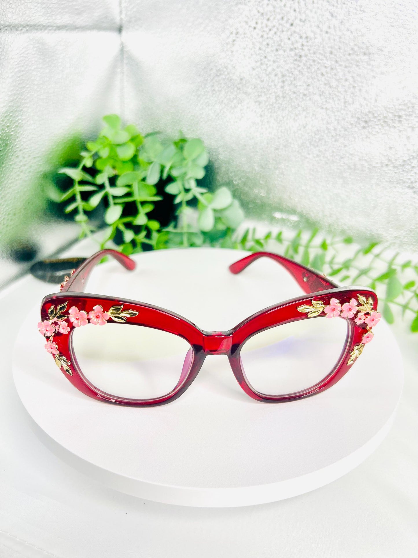 Cherry on Top | Oversized Cat Eye Blue Light Red Glasses with Gold Floral Detail – Bold Non-Prescription Statement Eyewear Unique Bad Girls