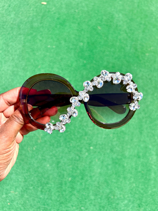 Blinged Out Shades Oversized Round Bold Brown Sunglasses Crystal Sparkle Rhinestone Luxury Frames|Trendy Summer Beach Eyewear UV Protection