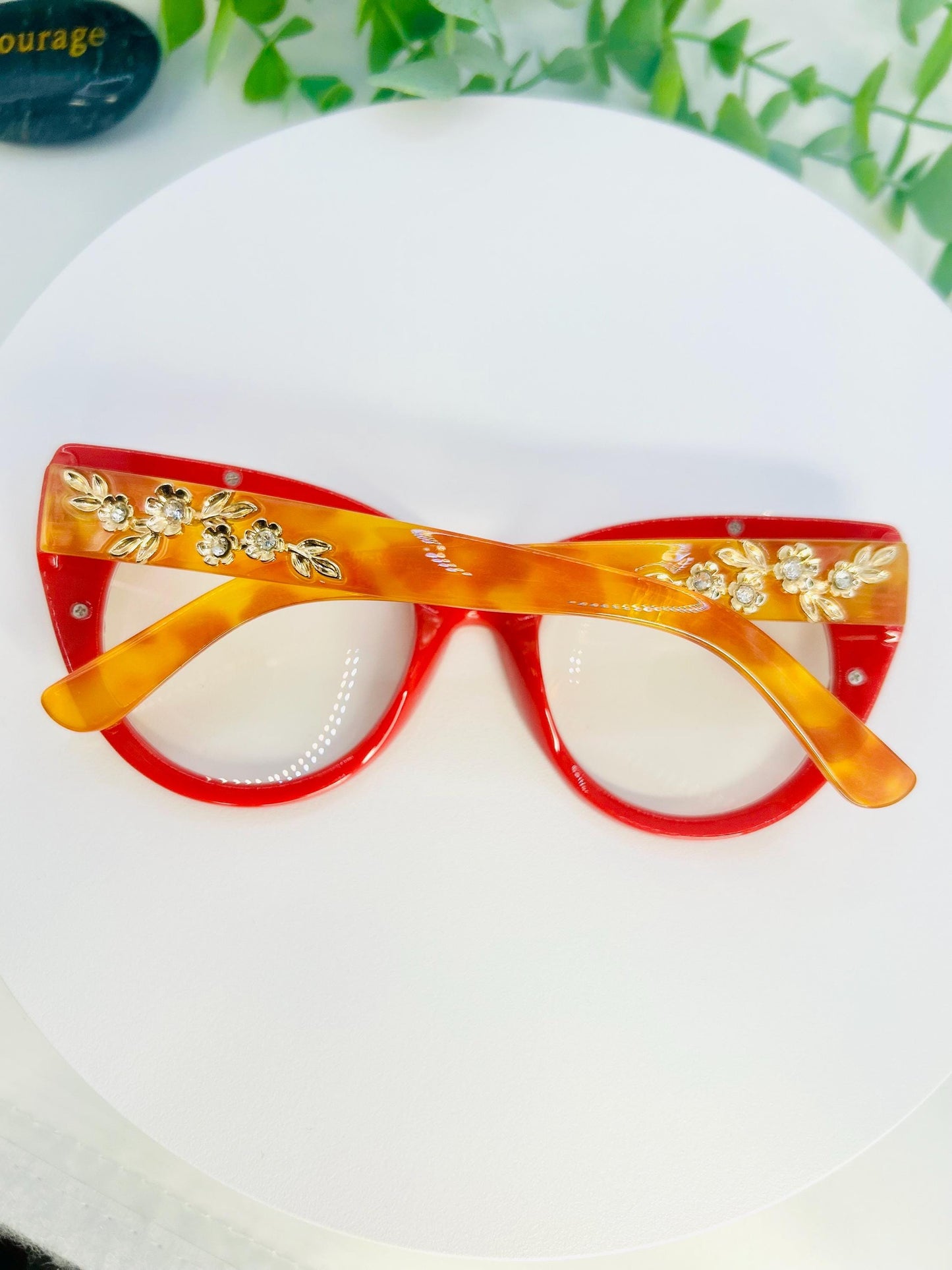 Cherry on Top | Oversized Cat Eye Blue Light Red Glasses with Gold Floral Detail – Bold Non-Prescription Statement Eyewear Unique Bad Girls