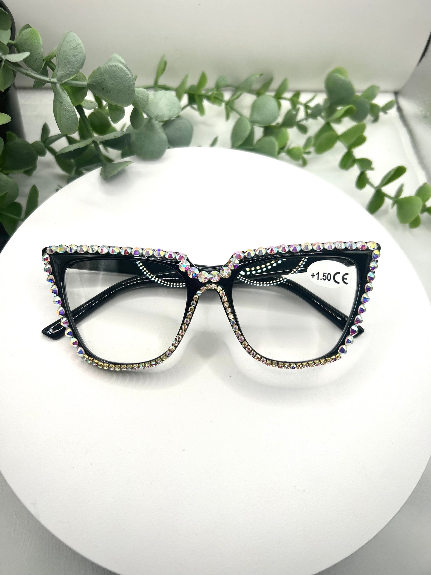 Queen Bee Glasses –Oversized Black Cat Eye Reading Rhinestone Frames 1.50 |150| Glitter Vintage 50s Pin-Up Sparkly Readers Statement Eyewear